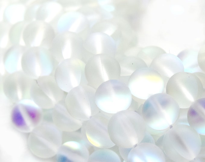 Synthetic Moonstone Beads | Mystic Aura Quartz Beads | White Matte Holographic Glass Beads - 6mm 8mm 10mm 12mm Available