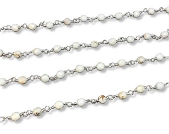 Silver Plated Copper Rosary Chain with 3mm Faceted Round Shaped White Buffalo Turquoise Beads - Sold by the Foot! - Natural Beaded Chain