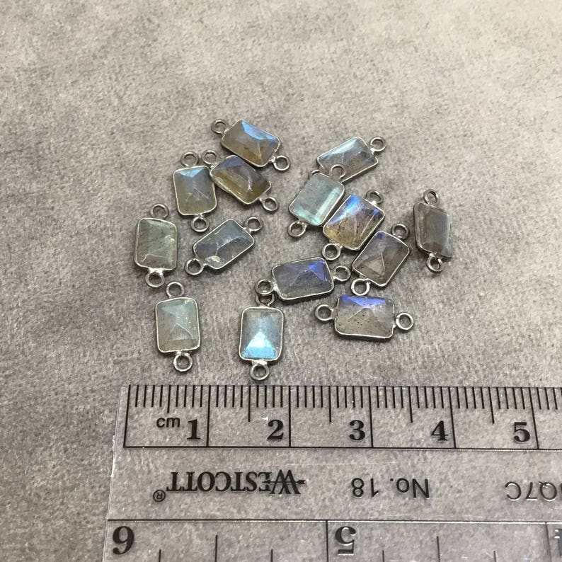 Labradorite Bezel Meas 5mm x 7mm BULK PACK of Six Gunmetal Sterling Silver PointedCut Stone Faceted Rectangle Shaped Connectors 6