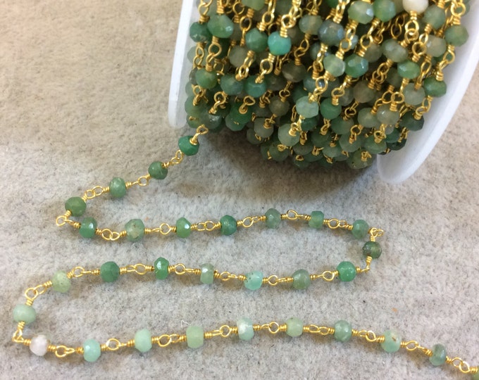 Gold Plated Copper Wrapped Rosary Chain with 4mm Faceted Natural Chrysoprase Rondelle Shaped Beads (CH118-GD) - Sold by 1' Cut Sections!
