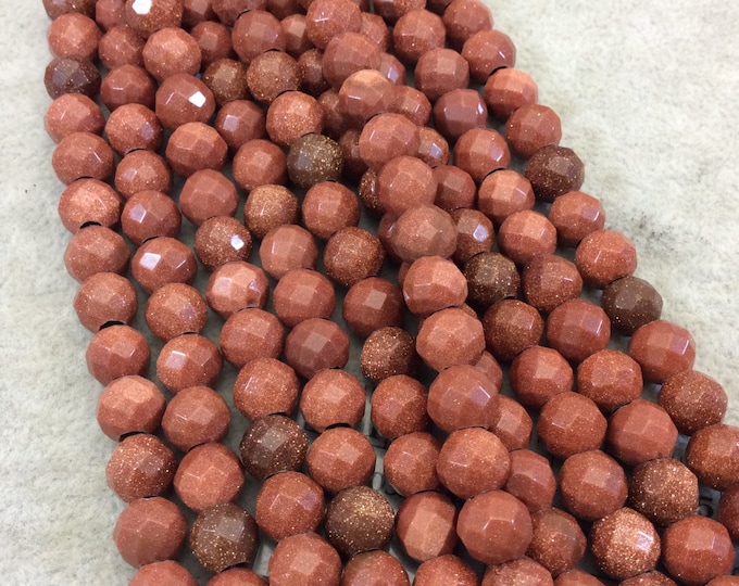 8mm Manmade Goldstone (Glass) Faceted Finish Round/Ball Shaped Beads with 2.5mm Holes - 7.75" Strand (Approx. 25 Beads) - LARGE HOLE BEADS