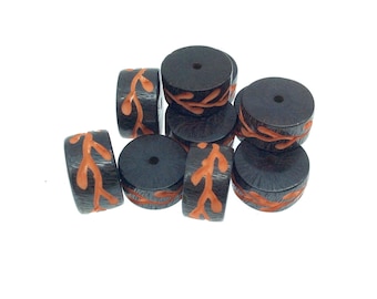 Hand Carved Black Resin Heishi Beads with Orange Vine – 10mm x 18mm (10 Pack)