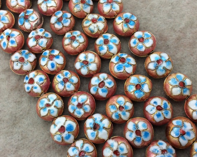 15mm Decorative Floral Peach Round Pillow Shaped Metal/Enamel Cloisonné Beads - Sold by 15" Strands (Approx. 28 Beads Per Strand)