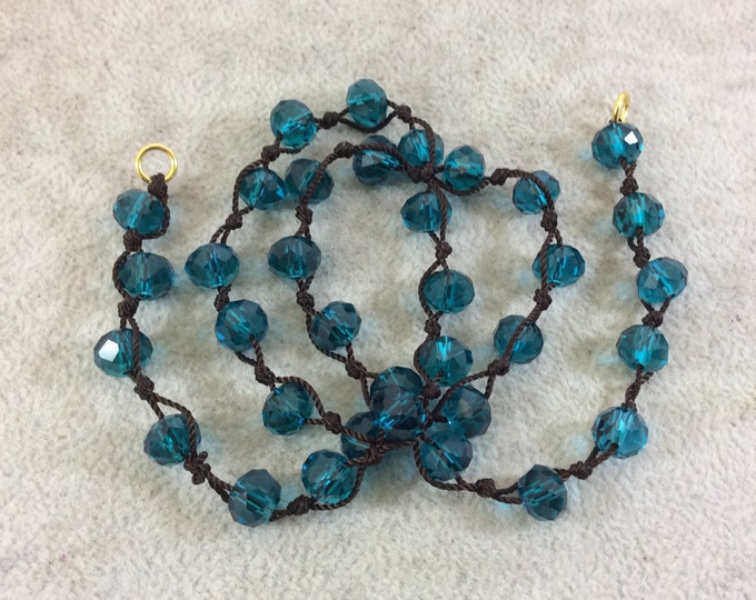 Chinese Crystal Beads | 18" Dark Brown Thread Necklace Section with 8mm Faceted Glossy Finish Rondelle Shaped Transparent Teal Glass Beads