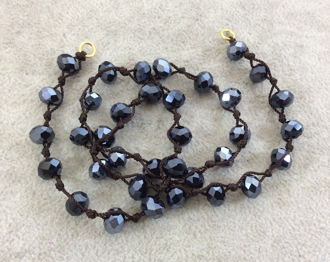 Chinese Crystal Beads | 18" Dark Brown Thread Necklace Section with 8mm Faceted Metallic AB Finish Rondelle Shape Opaque Black Glass Beads