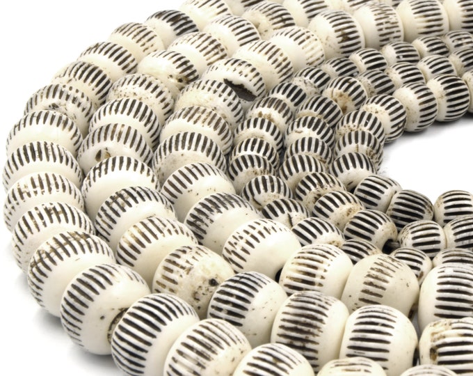 Bone Beads | Carved Ox Bone Rondelle Beads | White Slash Carved Bone Beads |  10mm 12mm 14mm Available