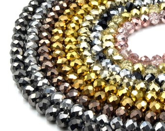Faceted Rondelle Crystal Beads | Metallic Gold, Silver, Rose Gold, Bronze Tones