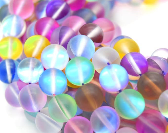 Synthetic Moonstone Beads | Mystic Aura Quartz Beads | Rainbow Matte Holographic Glass Beads - 6mm 8mm 10mm 12mm Available