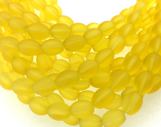 8mm x 10mm Matte Semi Transparent Yellow Oval Shaped Indian Beach/Sea Beadlanta Glass Beads - Sold by 15" Strand - ~38 Beads per Strand