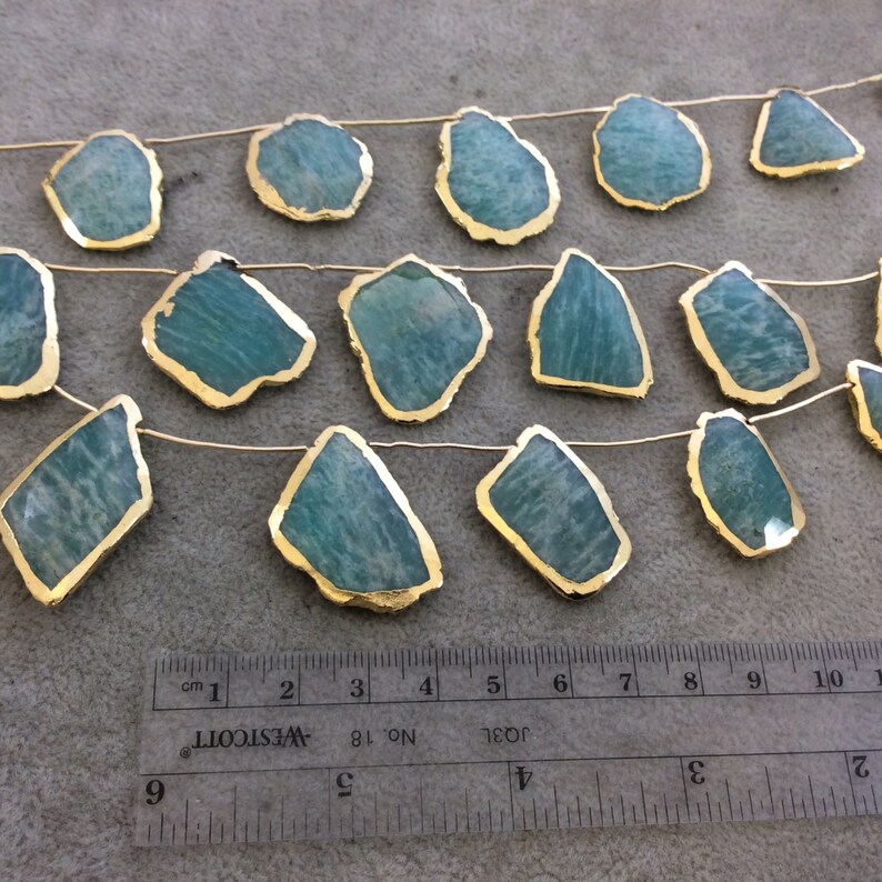 Gold Electroplated Smooth Freeform Slab Shaped Natural Amazonite Top-Drilled Beads - Measures 20mm x 25mm 9 Beads Approx. 9.5 Strand