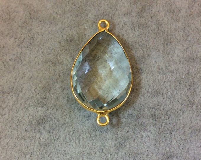 Gold Plated Faceted Pale Green Hydro (Lab Created) Quartz Pear/Teardrop Shaped Bezel Connector - Measuring 18mm x 24mm - Sold Individually