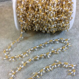 Gold Plated Copper Rosary Chain with 3mm Round Crystal Dangle Beads - Sold by the 1&#39; or 3&#39; Lengths - Natural Semi-Precious Beaded Chain