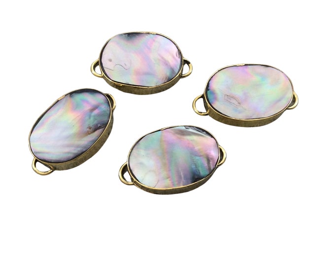 1" Iridescent Gray Natural Abalone Shell Fat Oval Shaped Gold Plated Bezel Connector - Measuring 21mm x 29mm.