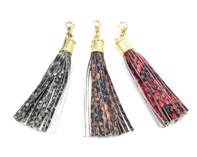 Snakeskin Tassels | 3 inch Faux Leather Snakeskin Tassel Pendants | Available in Red, Grey, and Brown Snakeskin | Animal Print Tassels