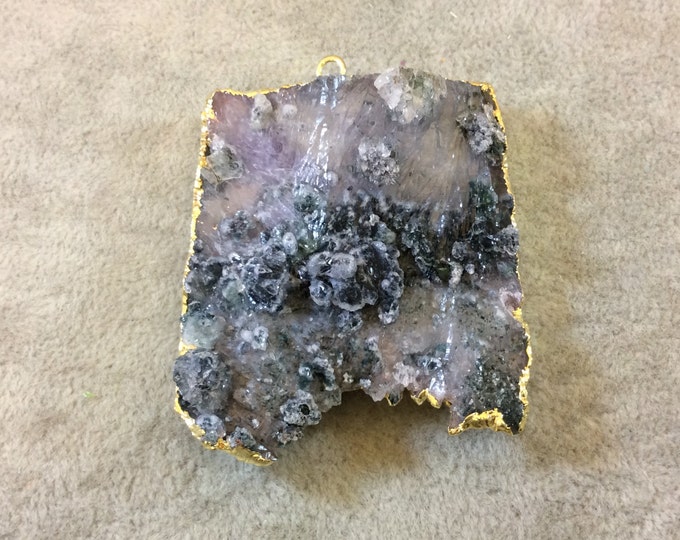 Large Purple Freeform Druzy Base Amethyst Pendant - Measuring 50mm x 56mm - Electroformed Gold Finish - Natural Semi-precious Gemstone