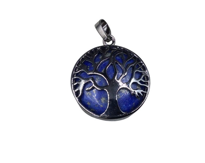 1" Gunmetal Plated Copper Cut Out Tree Focal Bezel Pendant with Lapis Lazuli Stone - Measures 26mm x 26mm - Sold Per Each, Chosen at Random