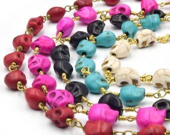 Howlite Skull Chain | Gold Plated Wrapped Rosary Chain | Dyed Howlite Skull Shaped Beads | Black Red White Pink Blue Available