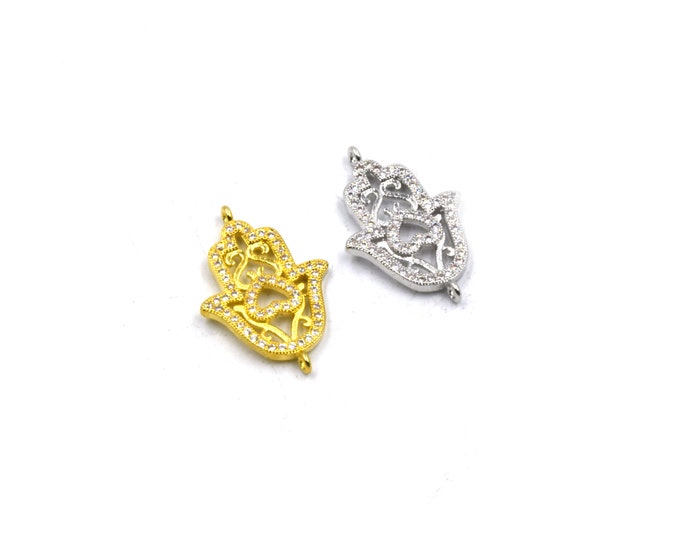 CZ Hamsa Finding | Cubic Zirconia Connector Link | Hamsa Connector | Focal for Jewelry Making | Gold CZ Silver CZ Pendant
