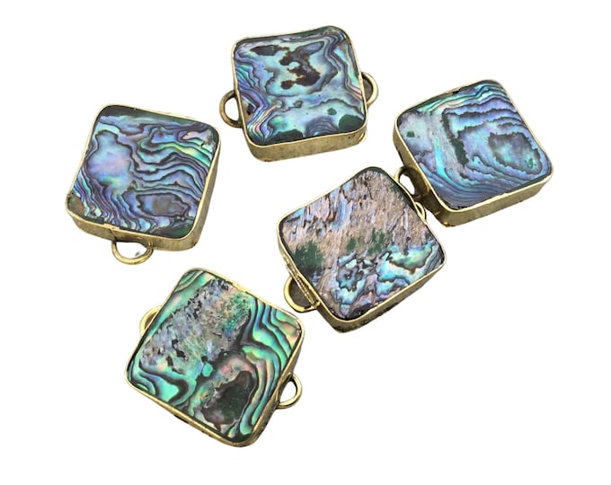 1" Iridescent Rainbow Natural Abalone Shell Square Shaped Gold Plated Bezel Connector - Measuring 23mm x 23mm.