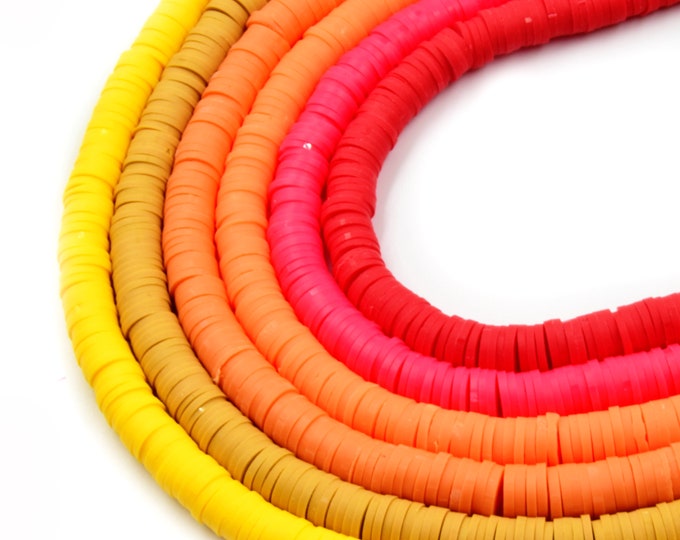 African Vinyl Beads | 6mm Red Orange Yellow Vinyl Clay Heishi Disc Beads (Approx. 350 Beads)