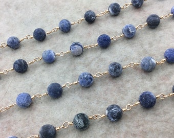 Gold Plated Copper Rosary Chain with 8mm Matte Round Shaped Blue/White Sodalite Beads - Sold by the Foot! - Natural Beaded Chain