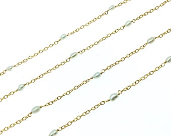 Gold Plated Copper Rosary Chain with Spaced 5mm Freshwater Pearl Rice Beads - Sold by the Foot! - Natural Semi-Precious Beaded Chain