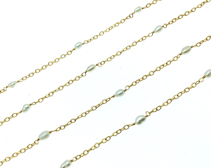 Gold Plated Copper Rosary Chain with Spaced 5mm Freshwater Pearl Rice Beads - Sold by the Foot! - Natural Semi-Precious Beaded Chain