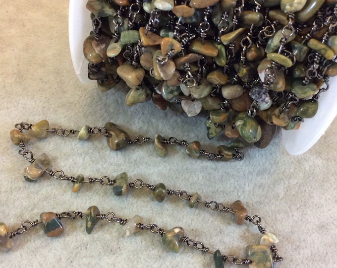Gunmetal Plated Copper Rosary Chain with 4-8mm Rhyolite Chip Beads - Sold by the Foot, or in Bulk! - Natural Semi-Precious Beaded Chain