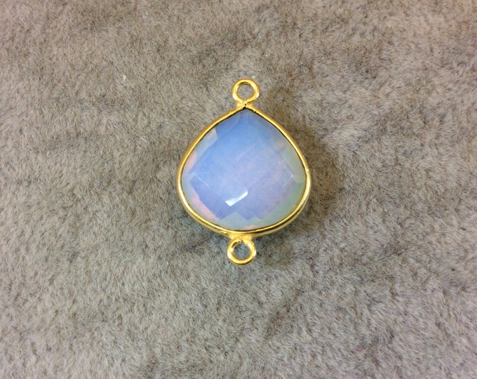 Gold Finish Faceted Milky Opalite Heart/Teardrop Shaped Bezel Two Ring Connector Component - Measuring 15mm x 15mm - Natural Gemstone