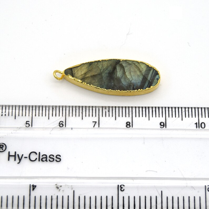 11mm x 30mm Gold Plated Natural Iridescent Long Teardrop Shaped Flat Pendant Blue Green Labradorite Bezel