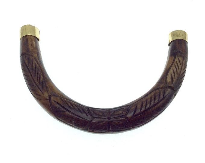 Hand Carved Brown Double Ended U-Shaped Crescent with Flower and Leaves Design - Natural Ox Bone Focal Pendant - 130mm x 85mm
