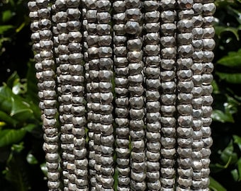 Silver Plated Pyrite Beads: 4mm Faceted Rondelle, 14" Strand