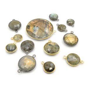 Labradorite faceted Round Bezel | 8mm, 10mm, 12mm, 14mm, 16mm, 18mm, 20mm, 36mm | Gold, Silver, Gunmetal Focal Pendants and Connectors