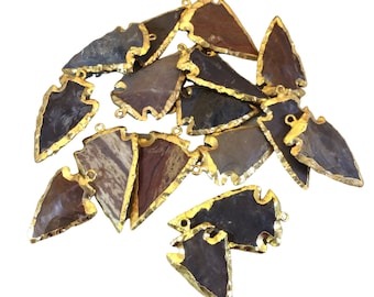 1-1.5" Gold Finish Arrowhead Shaped Electroplated Mixed Jasper Pendant - Measuring 30mm-40mm Long - Sold Individually, Randomly Chosen