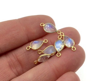 Moonstone Charms for Permanent Jewelry | BULK PACK of Six Vermeil Gold Pointed Cut Stone Faceted Teardrop Bezel Connectors