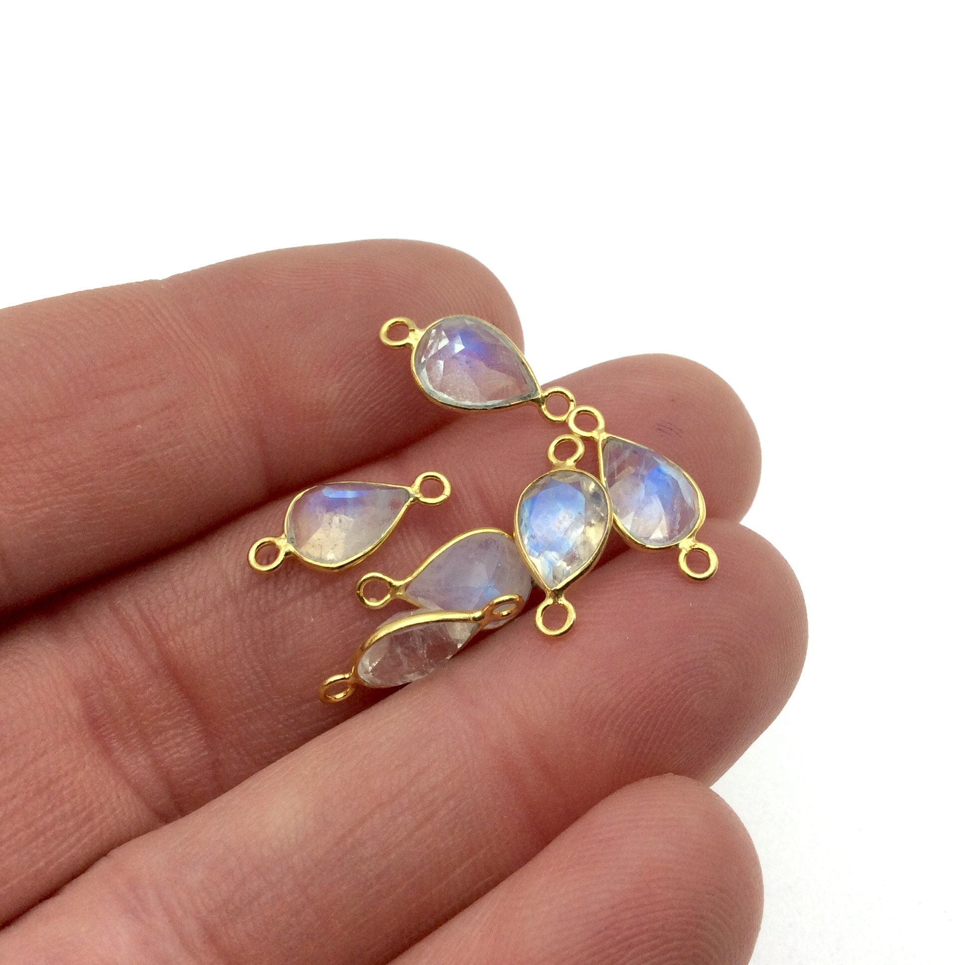 Moonstone Charms for Permanent Jewelry | BULK PACK of Six Vermeil Gold  Pointed Cut Stone Faceted Teardrop Bezel Connectors