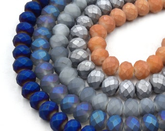 Chinese Crystal Beads | 8mm Faceted Matte Rondelle Shaped Crystal Beads | Blue Gray Orange Silver