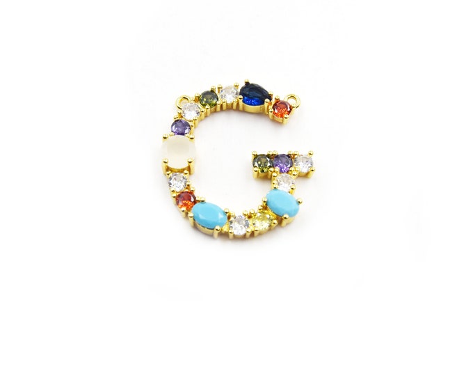 Gold Alphabet Rhinestone Pendant | Letter G Multi-color Rhinestone Pendant with Two Loops - 35mm x 35mm