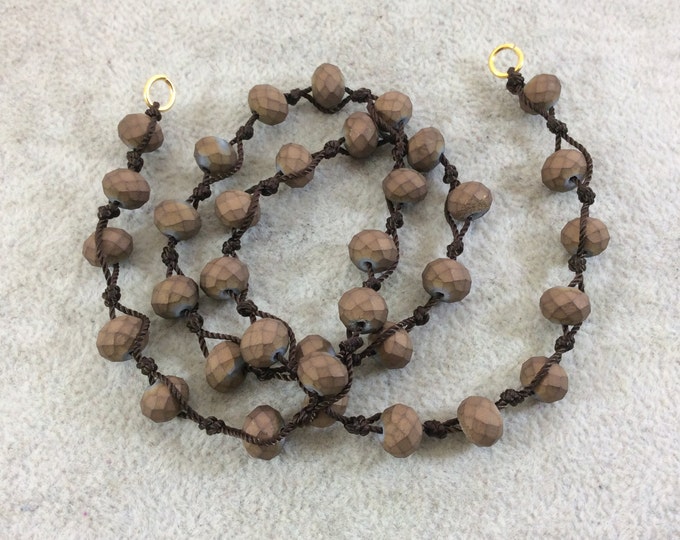 Chinese Crystal Beads | 18" Dark Brown Thread Necklace Section with 8mm Faceted Matte Finish Rondelle Shaped Opaque Bronze Glass Beads