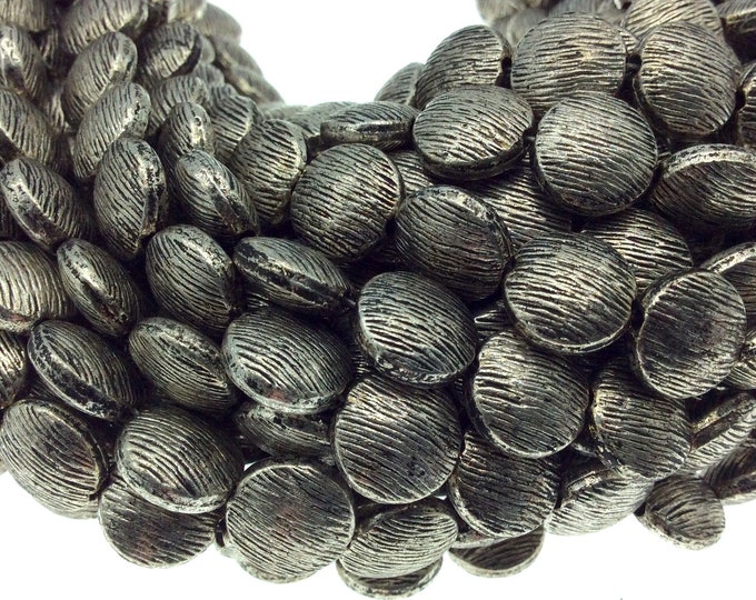 Silver Finish Brushed Puffed Round Shaped Pewter Beads - 8" Strand (Approx. 21 Beads) - Measuring 10mm x 10mm, Approx. - 2mm Hole Size