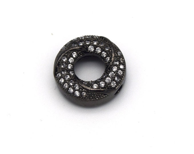 13mm x 13mm Gunmetal Plated Cubic Zirconia Encrusted/Inlaid Swirled Donut/Ring Shaped Bead