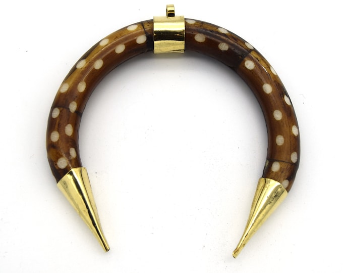 75mm x 75mm Brown Dotted Double Ended Crescent Shaped Natural Ox Bone Pendant with Gold Bail/Caps