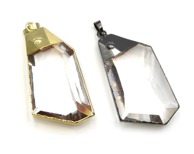 Gold Electroplated Faceted Glass Freeform Pendant With Bail - Measures 25mm x 50mm