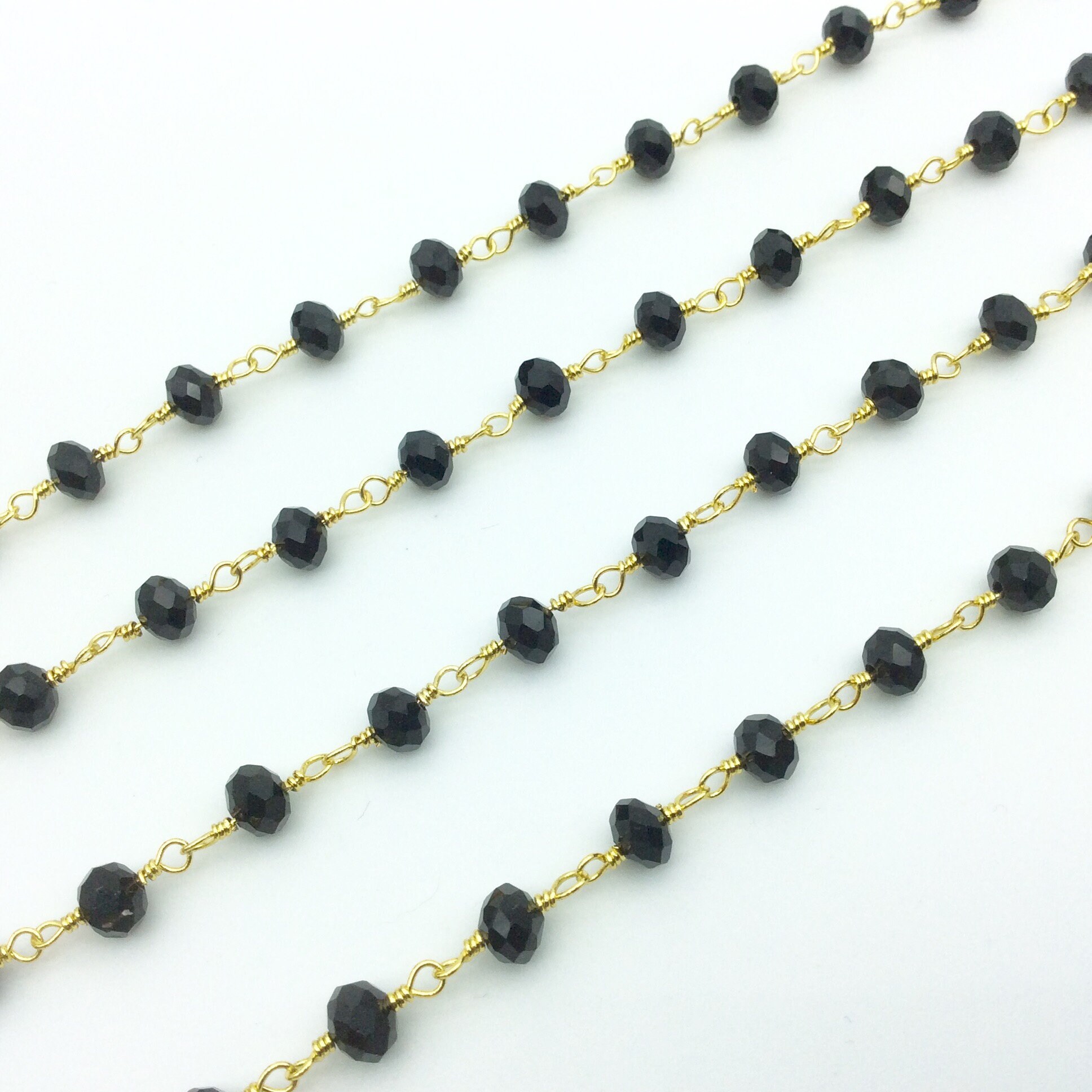 Gold Plated Copper Rosary Chain with 6mm Faceted Black Glass