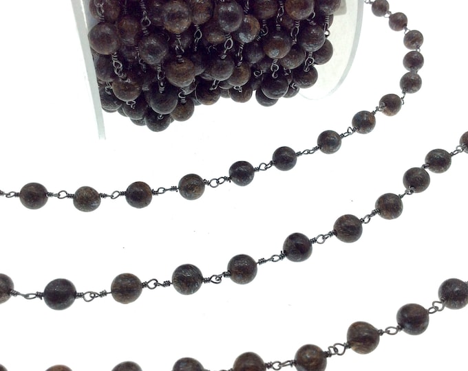 Gunmetal Plated Copper Rosary Chain with 6mm Smooth Round Shaped Bonzite Beads - Sold by the Foot! - Natural Beaded Chain