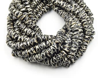 Bone Beads | Batik Heishi Beads | 8mm, 10mm, 12mm Black Tribal X Painted