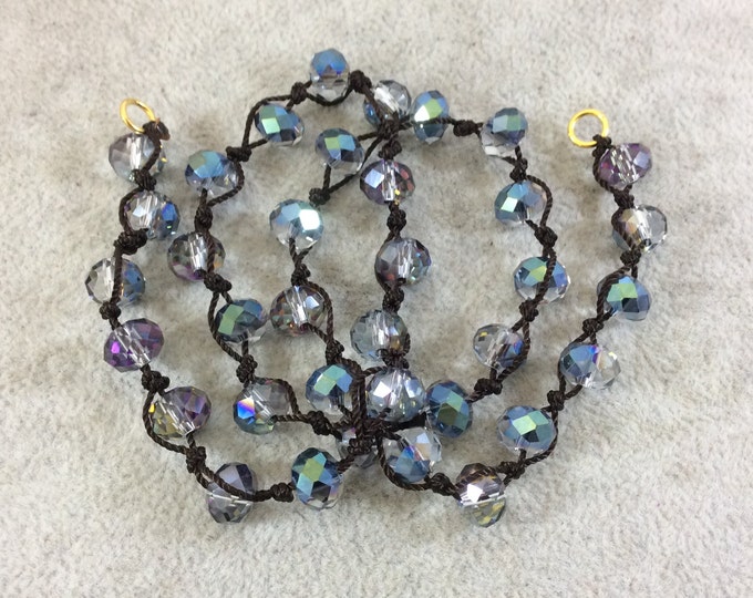 Chinese Crystal Beads | 18" Dark Brown Thread Necklace Sec. with 8mm Faceted AB Finish Rondelle Shaped Trans. Bicolor Gray Teal Glass Beads