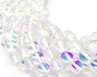 Synthetic Moonstone Beads | Mystic Aura Quartz Beads | Clear Holographic Glass Beads - 6mm 8mm 10mm 12mm Available