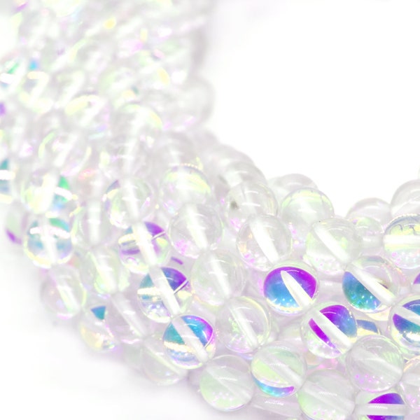 Synthetic Moonstone Beads | Mystic Aura Quartz Beads | Clear Holographic Glass Beads - 6mm 8mm 10mm 12mm Available