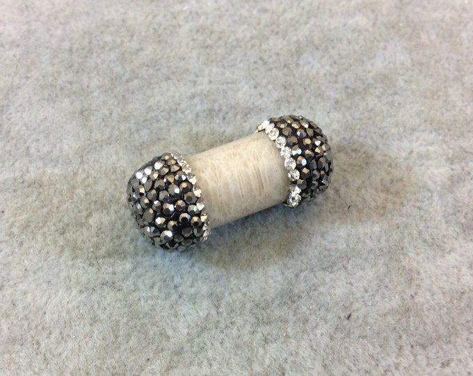 Rhinestone Encrusted Barrel/Tube Shaped Light Brown Coral Fossil Bead - Measuring 13mm x 28mm, Approx. - Sold Individually, Random